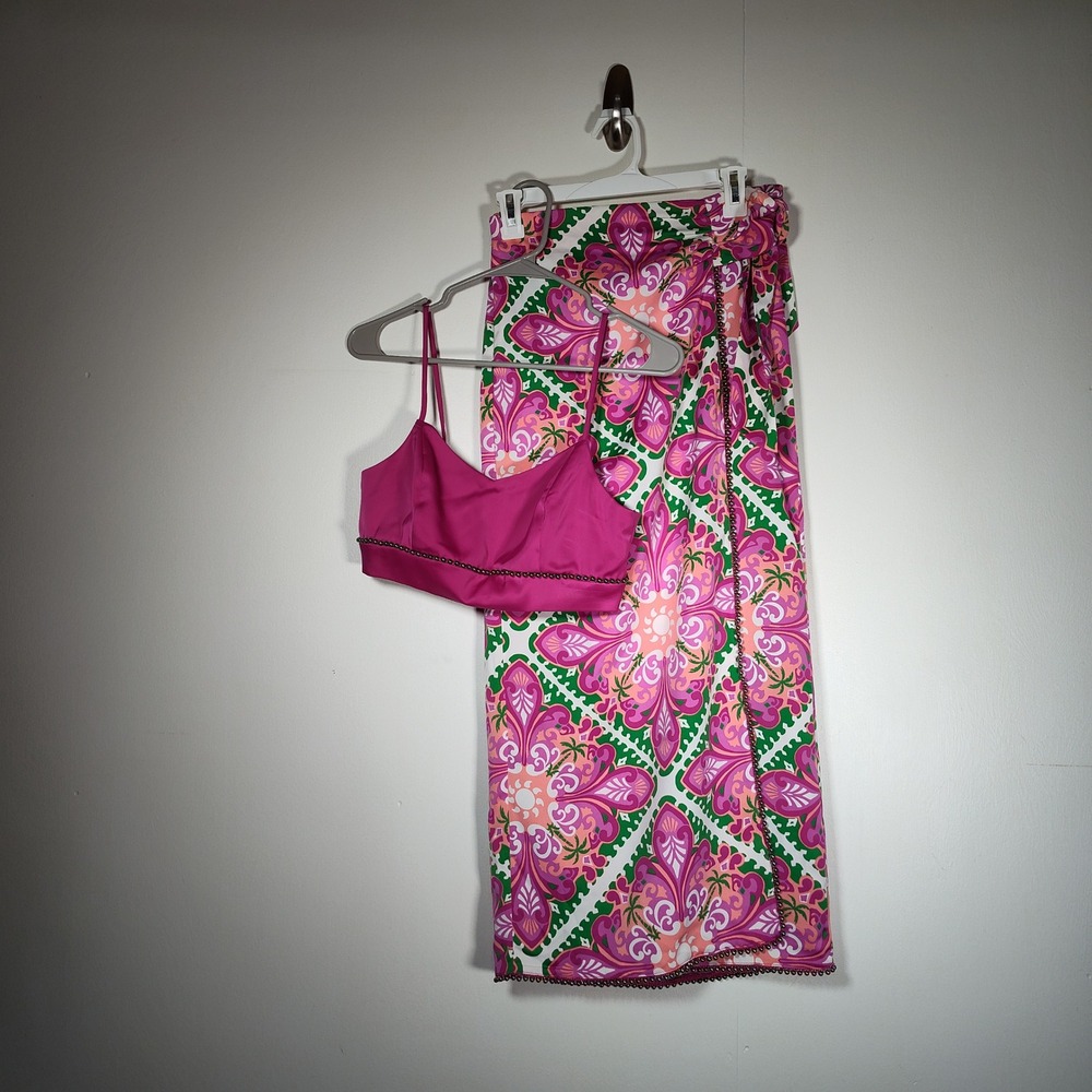 House of Harlow 1960 Pink Tropical Medallion Wrap Skirt and Crop Top Set XS